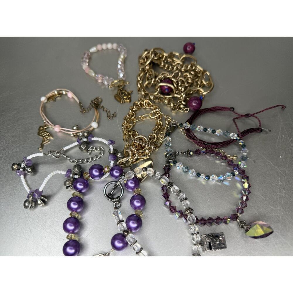 Vintage Modern Purple Gold Bracelet Lot Link Stretch Jewel Beaded 10 Total